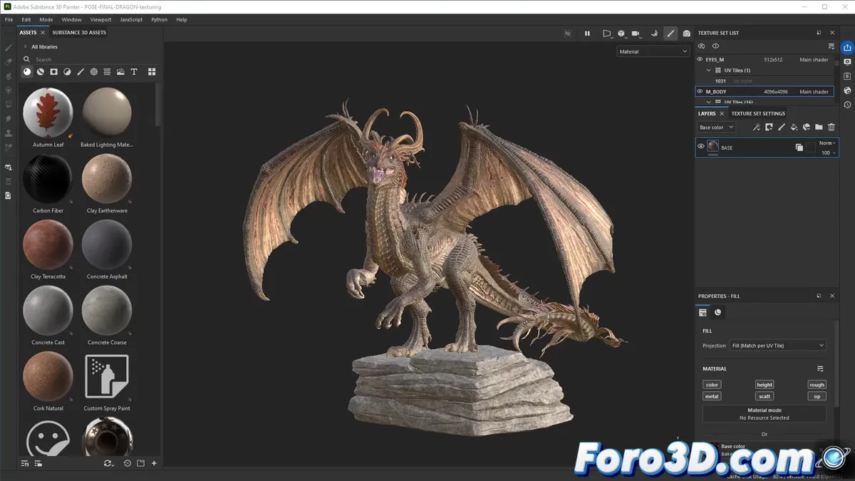 Interfaz de Substance 3D Painter 11.0 mostrando herramientas de texturizado y generación de patrones en un modelo 3D.