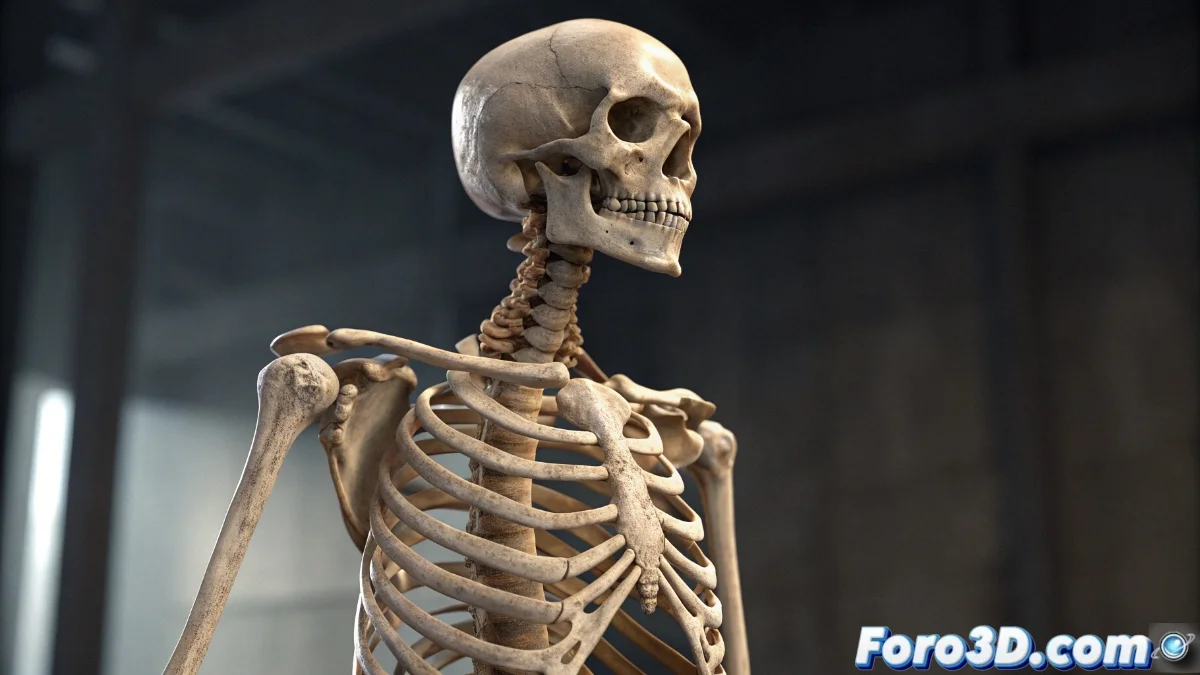 Diagrama técnico mostrando la estructura ósea de un personaje 3D con capas de influencia de pesos en colores degradados