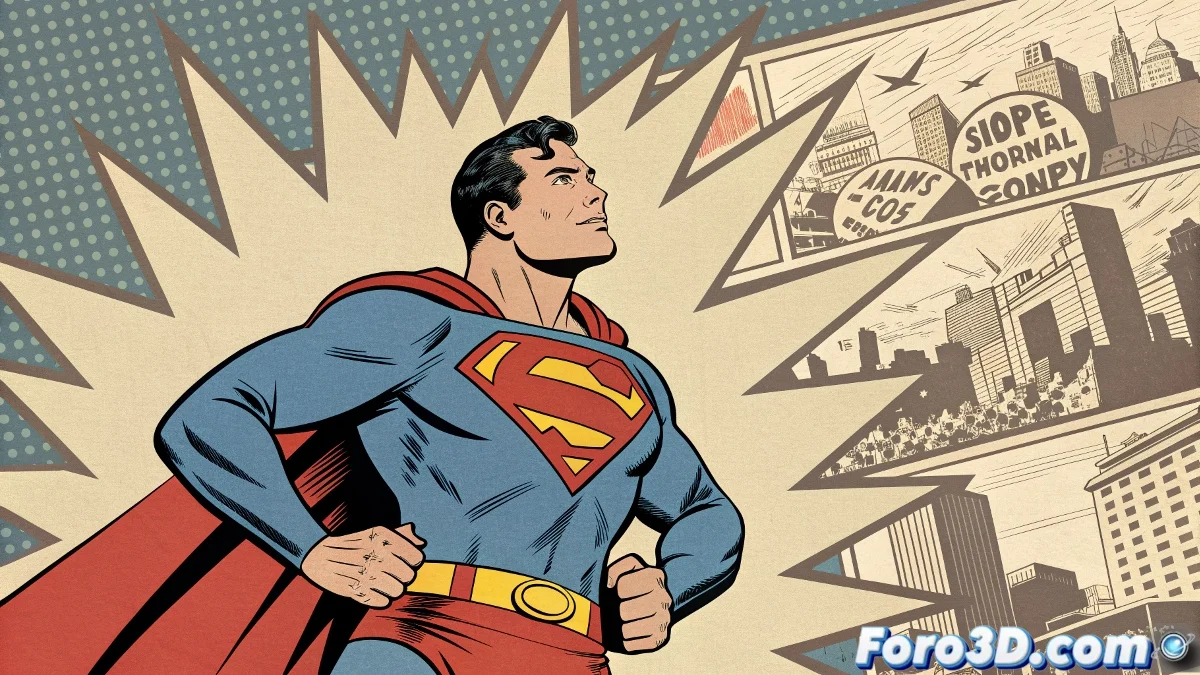 Portada clasica de Action Comics #1 mostrando a Superman levantando un automovil, con el estilo artistico original de Joe Shuster.