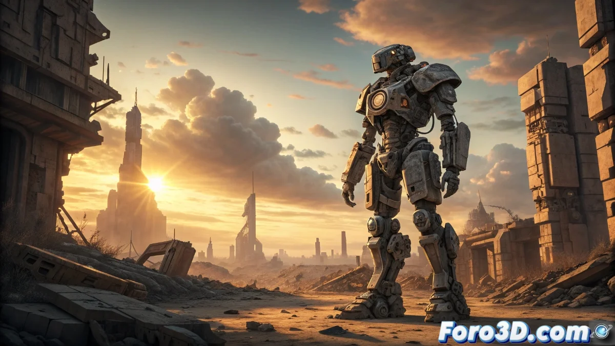 Render en alta calidad de un mecha Cradlecoffin en un entorno post-apocalíptico, mostrando detalles de texturas, iluminación dinámica y ruinas tecnológicas bajo el cielo nublado del juego.