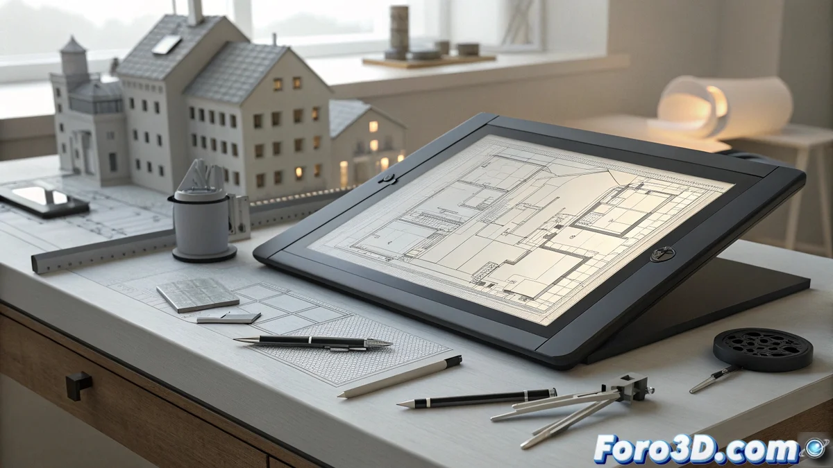 Arquitecto trabajando en plano técnico con tableta Wacom Intuos Pro, mostrando interfaz de AutoCAD con herramientas de dibujo preciso y cotas.