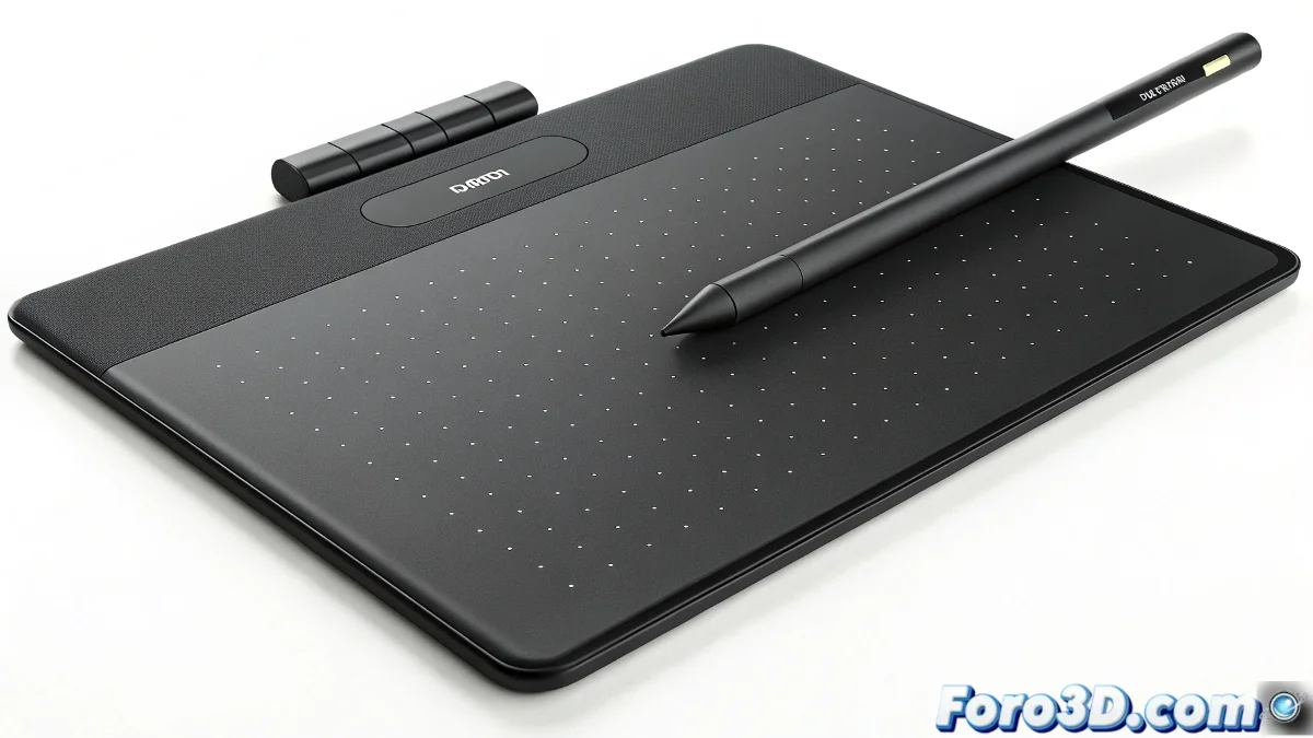 Comparativa visual de tres tabletas gráficas (Genius m712x, Wacom Bamboo Fun e Intuos 4) sobre un escritorio con ZBrush abierto, mostrando el área activa de cada una