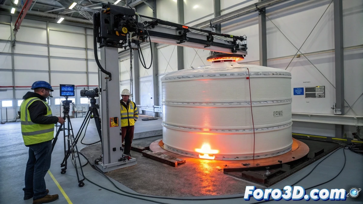 Tanque metálico con estructura de doble capa, impreso en 3D, mostrando detalles de su diseño innovador para almacenamiento criogénico.