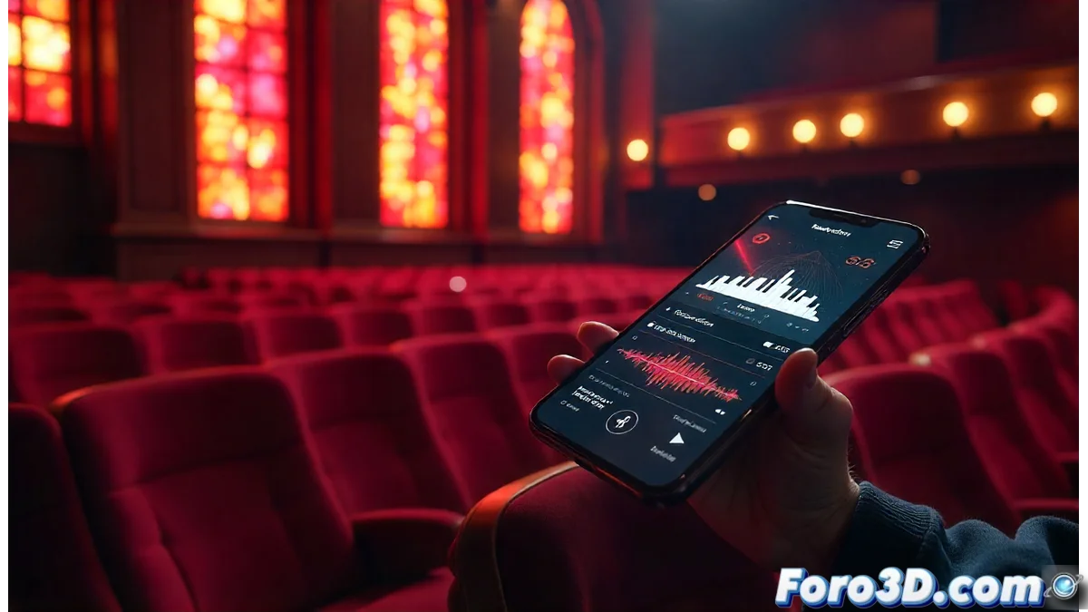 Aplicación móvil My Opera mostrando la interfaz de My Opera Audio con auriculares y ondas sonoras emergiendo de la pantalla, sobre fondo del Teatro Real iluminado