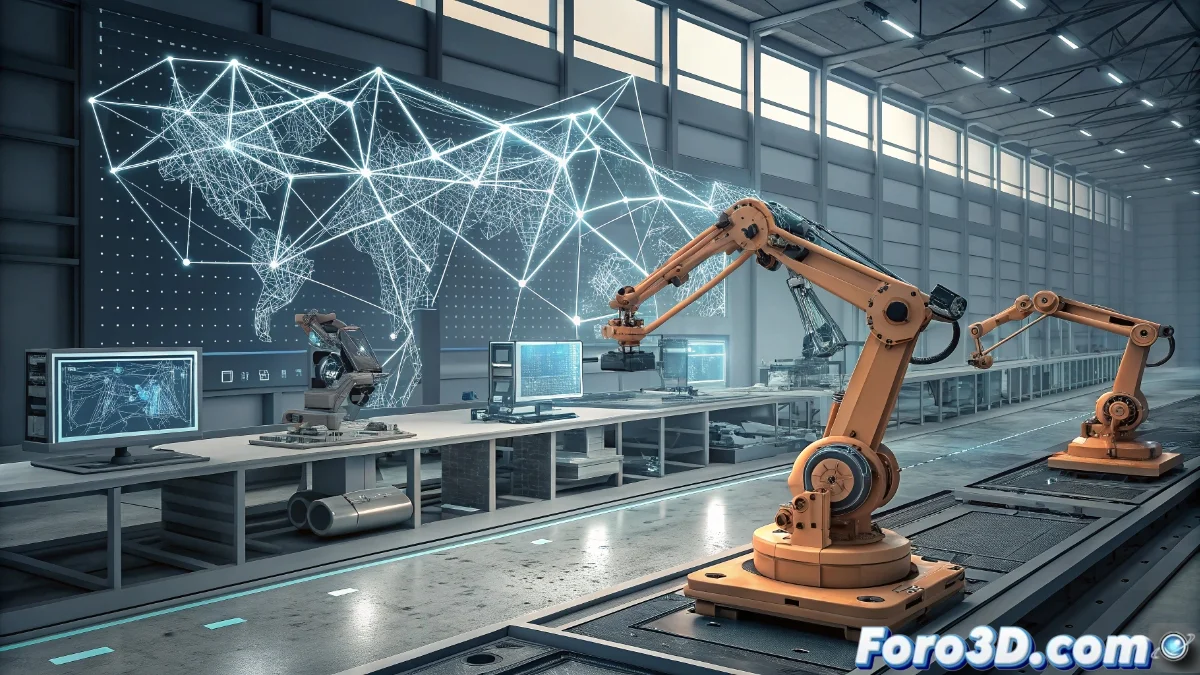 Ilustración conceptual de HOOPS AI mostrando un cerebro artificial conectado a modelos CAD 3D, con flujos de datos interactivos y gráficos de visualización en tiempo real.