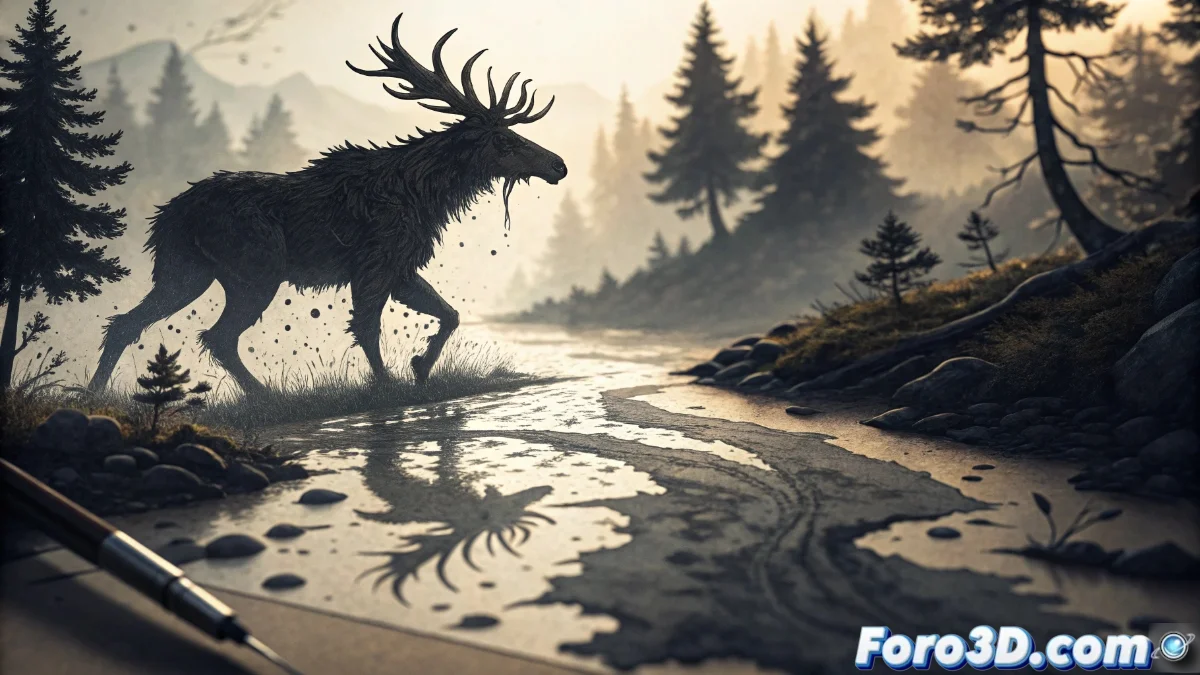 Manchas de tinta china abstractas sobre papel de acuarela con detalles de ilustración emergente de animales y formas orgánicas