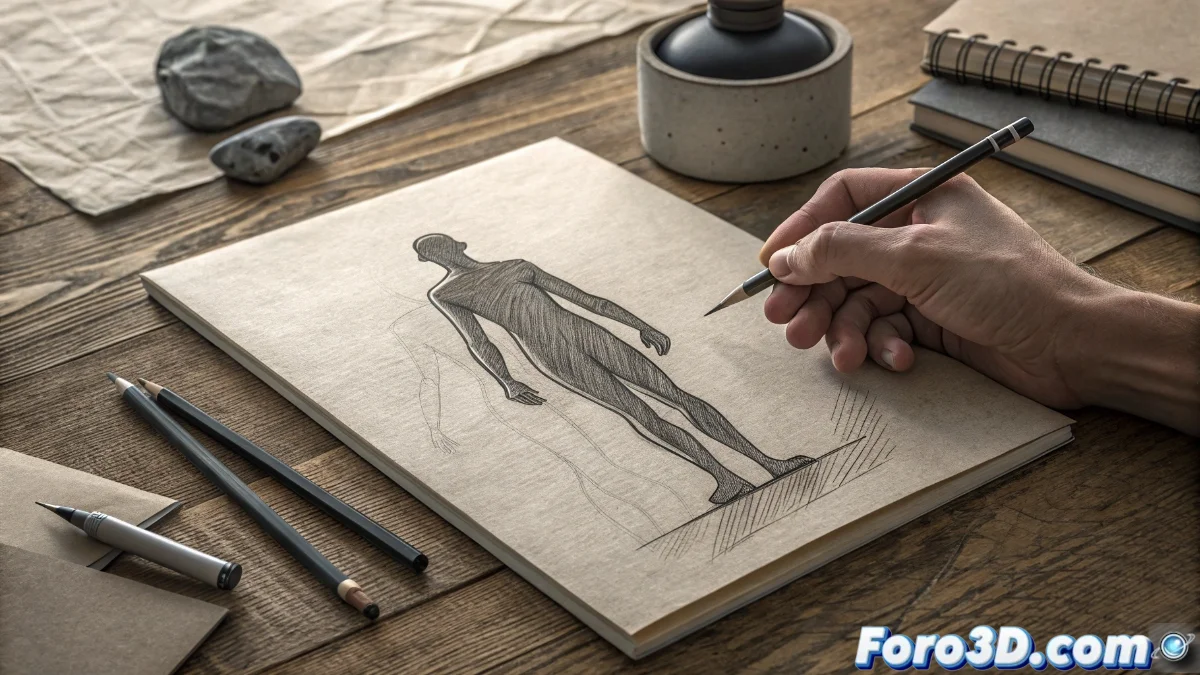 Diagrama que muestra las tres etapas del proceso de dibujo: desde formas geométricas básicas hasta el resultado final detallado, con flechas que indican el flujo de trabajo