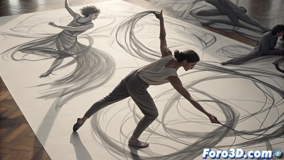Artista realizando dibujo gestual con carboncillo sobre papel grande, capturando el movimiento de un bailarín con trazos fluidos y dinámicos