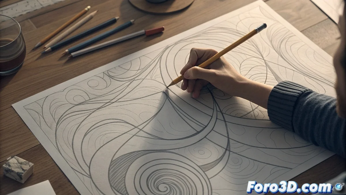 Artista rotando una hoja de papel mientras dibuja con lápiz, mostrando la posición natural de la mano y muñeca