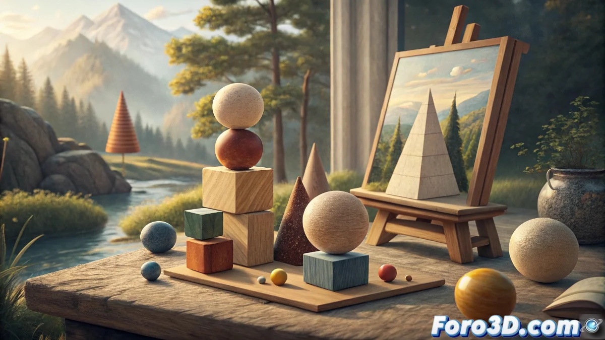 Ilustración que muestra una balanza visual con formas geométricas de diferentes tamaños y colores distribuidos equilibradamente en una composición artística.