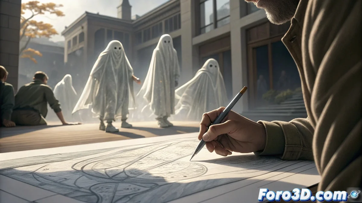 Artista dibujando un cómic improvisado con personajes que cobran vida en una hoja de papel, mostrando el proceso creativo desde el boceto inicial hasta el desarrollo narrativo completo