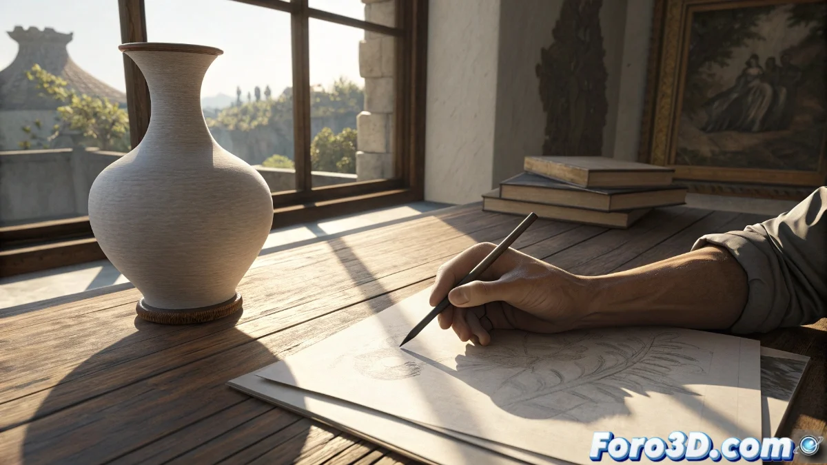 Artista dibujando contornos de espacios vacíos alrededor de una silla, mostrando cómo el espacio negativo define la forma del objeto principal