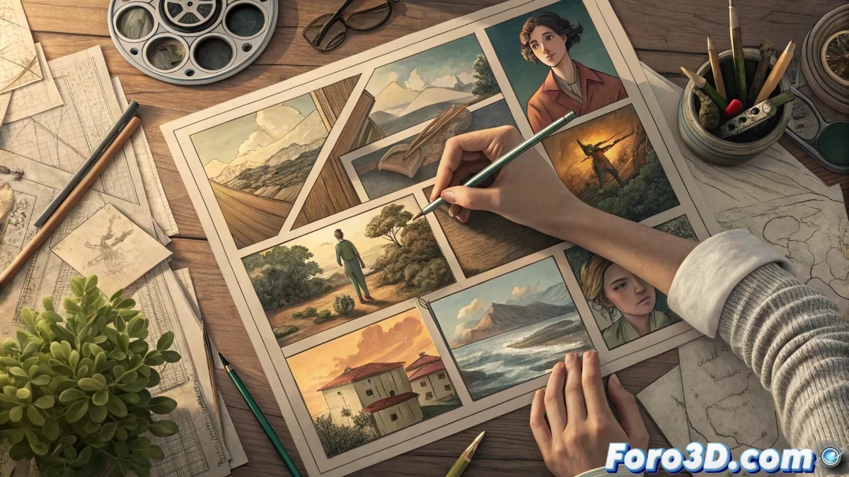 Composición de collage digital con fotografías, ilustraciones y texturas organizadas en capas sobre mesa de trabajo, mostrando el proceso creativo desde la recolección hasta el dibujo final.