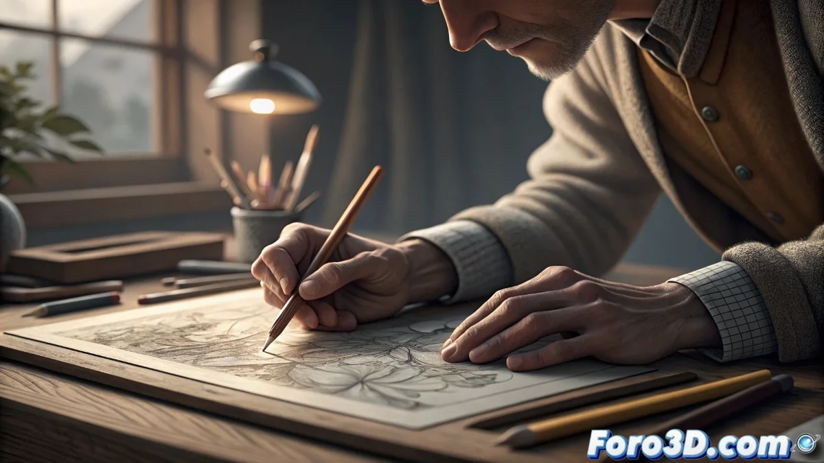 Artista experimentando con diversos soportes de dibujo: carboncillo sobre papel rugoso, acuarela en lienzo liso y tinta en tabla de madera, mostrando texturas y técnicas variadas.