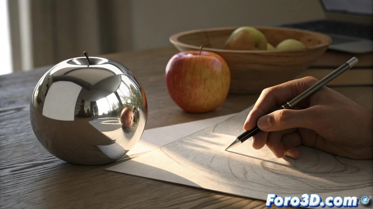 Estudio de reflejos distorsionados en superficie metálica con lápices y herramientas de medición sobre mesa de dibujo