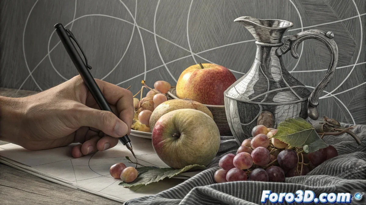 Artista dibujando los espacios negativos alrededor de una silla vintage con lápiz sobre papel, mostrando el proceso de observación de los vacíos entre las patas y el respaldo