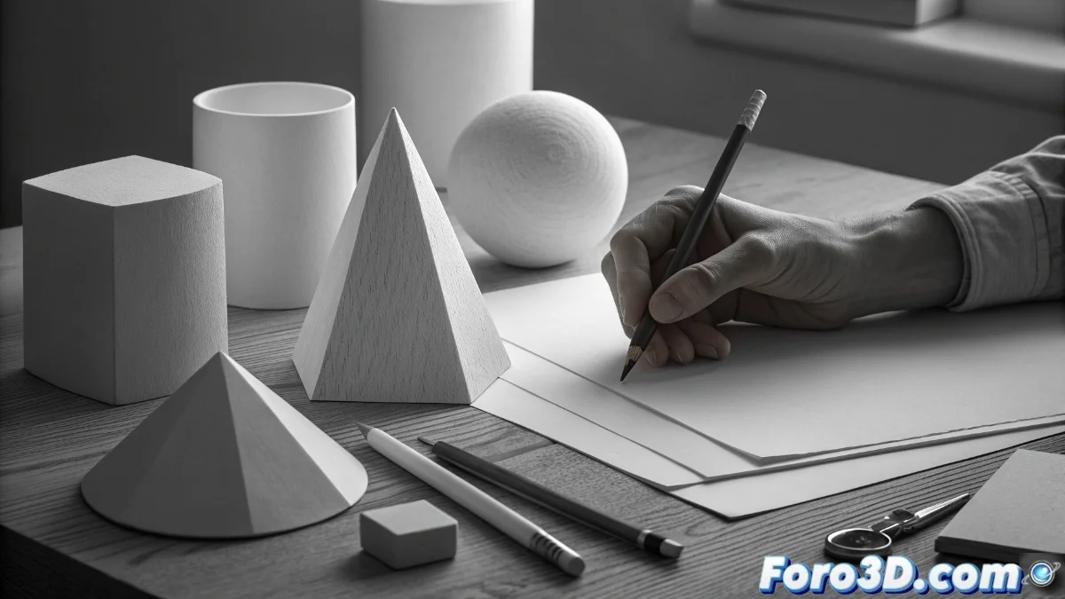 Escala de valores tonales de 9 pasos desde blanco hasta negro aplicada sobre esfera, cubo y cilindro con iluminación direccional que muestra highlights, medios tonos y sombras