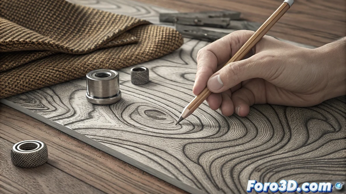 Estudio de texturas artísticas mostrando diferentes superficies como madera, metal y tela dibujadas con lápices, carboncillo y herramientas digitales