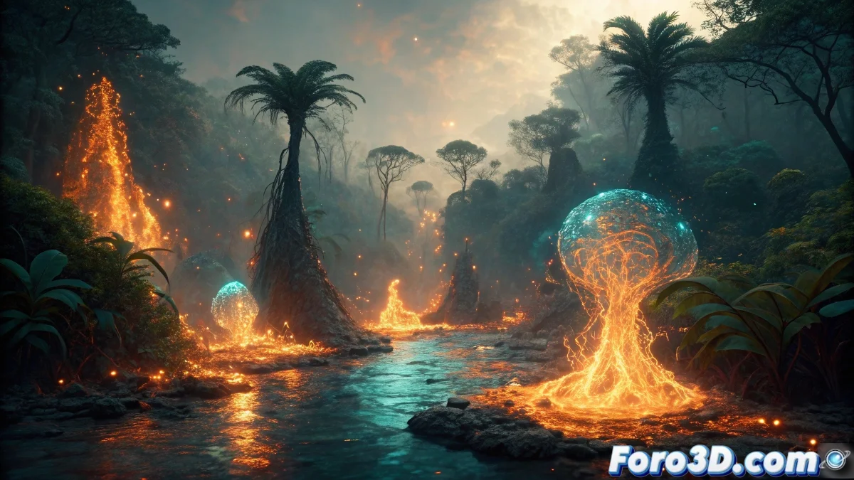 Comparativa de simulaciones de fluidos y fuego en Avatar mostrando el proceso desde la simulación base hasta la integración final con iluminación volumétrica en escenas de Pandora.