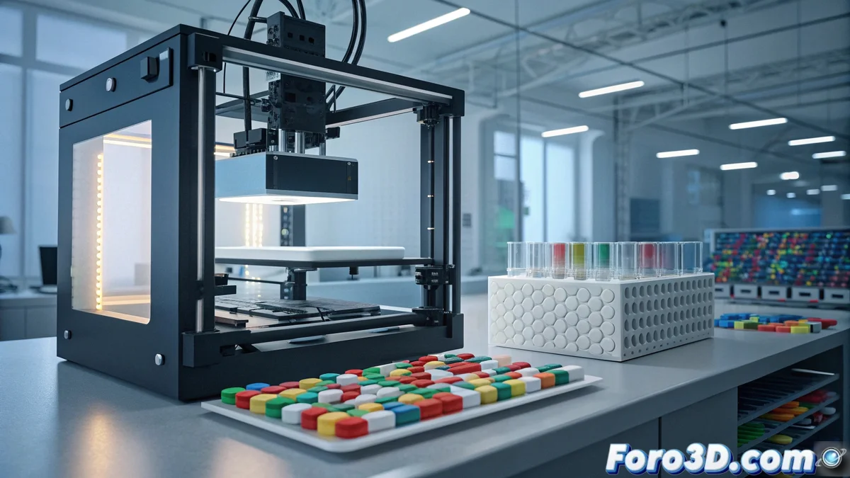 Impresora 3D farmacéutica produciendo comprimidos personalizados con diferentes formas y colores en un laboratorio moderno