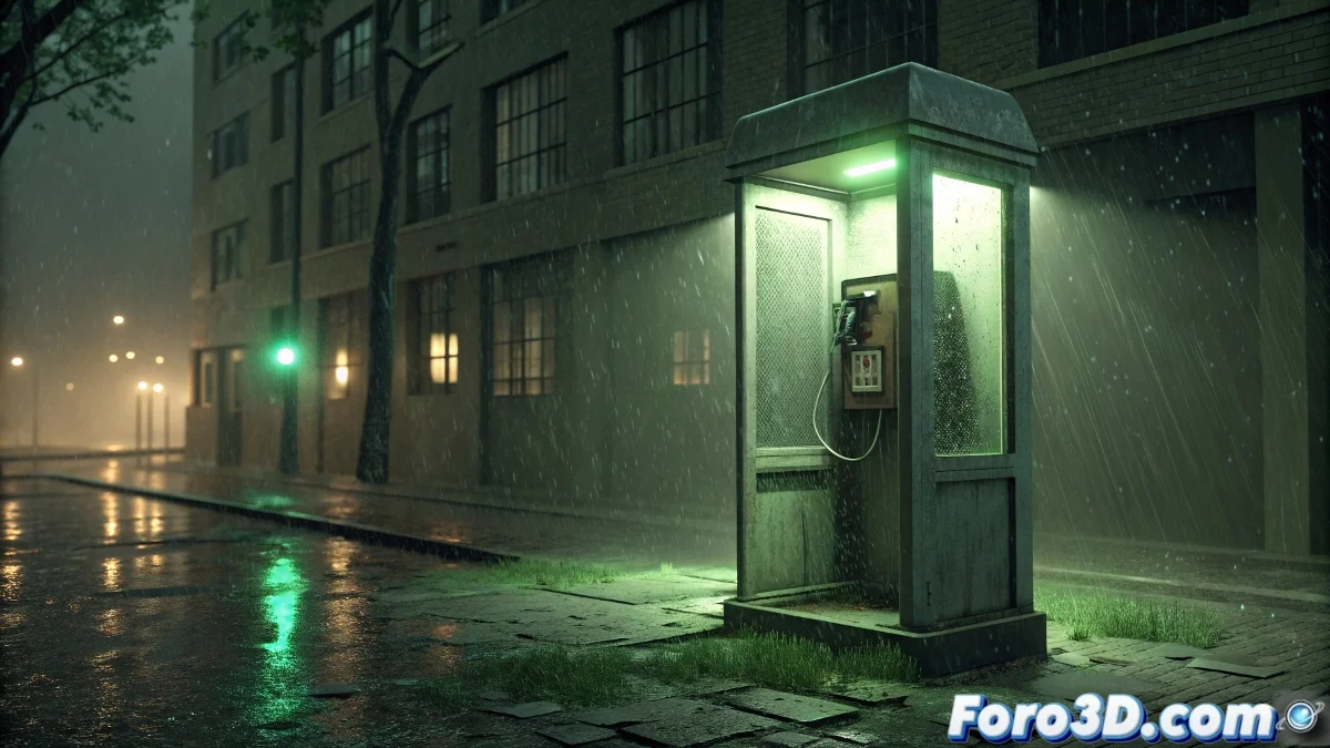 Cabina telefónica abandonada con iluminación tenue y efectos de estática electromagnética, mostrando detalles de deterioro y corrosión en un ambiente urbano nocturno con aura sobrenatural.