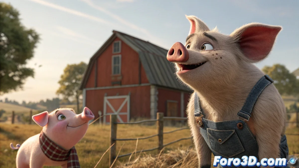 Wilbur el cerdito y Charlotte la araña en un granero al atardecer, con animacion 3D estilizada que muestra expresiones faciales detalladas y amistosas.