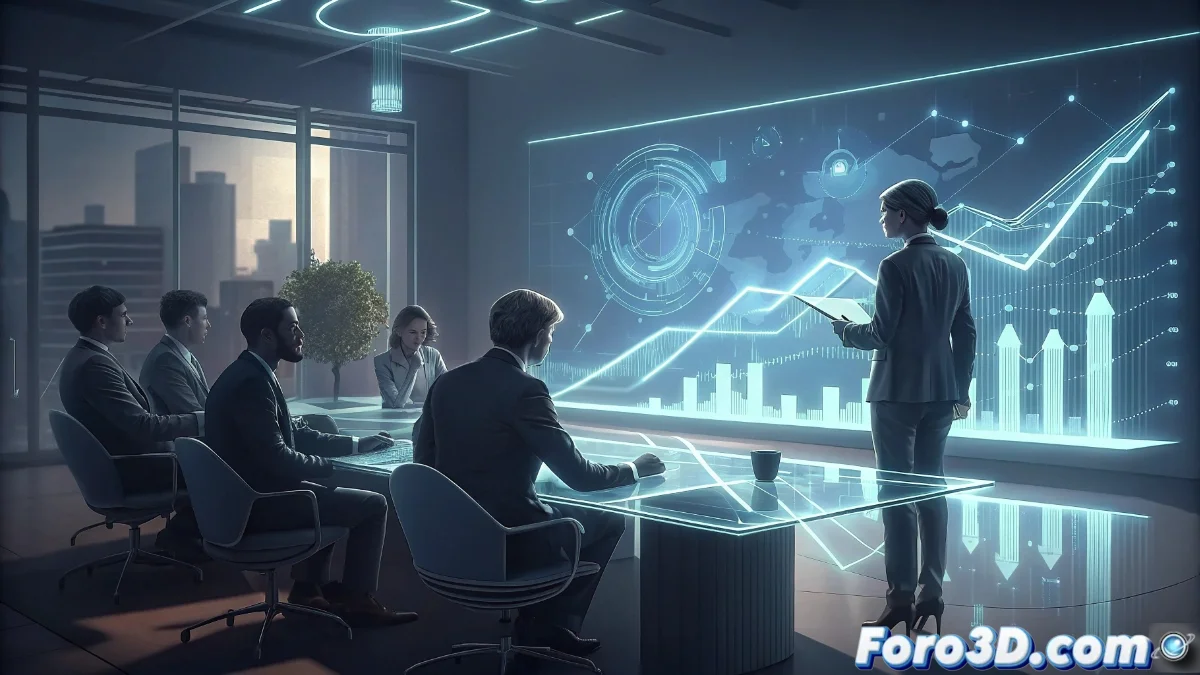 Ejecutivo de Telefónica presentando gráficos de crecimiento estratégico en pantalla digital con datos de mercado