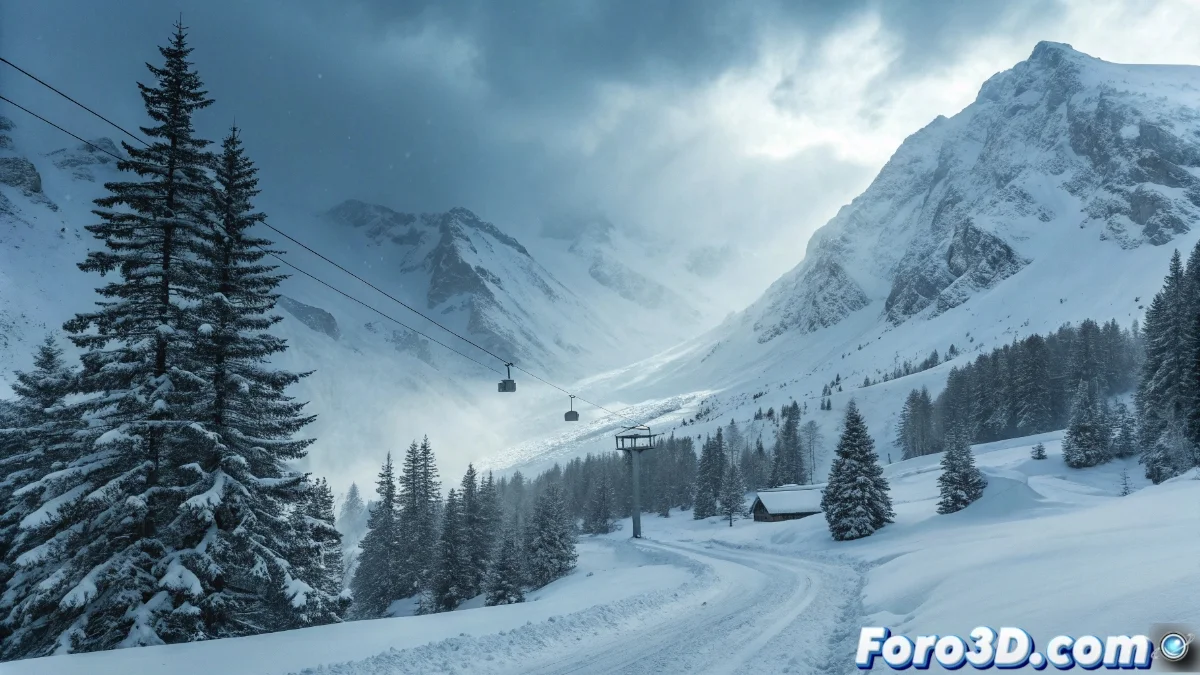 Panorámica invernal de la cordillera pirenaica cubierta de nieve con fuertes ventiscas reduciendo la visibilidad en carreteras de montaña