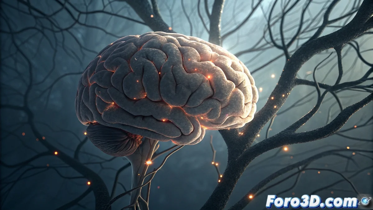 Persona con expresión serena mientras su interior muestra ondas de tensión y un cerebro con conexiones neuronales bajo presión hormonal.