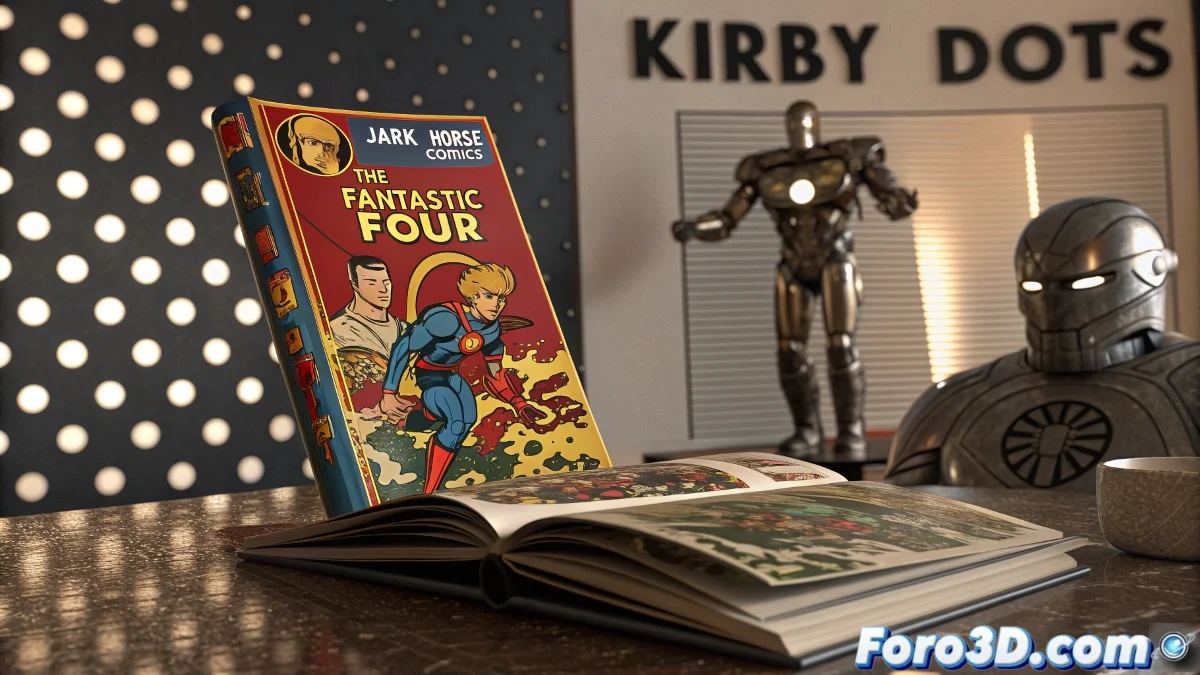 Libro de arte abierto mostrando portadas clásicas de The Fantastic Four dibujadas por Jack Kirby, con páginas interiores de arte original.