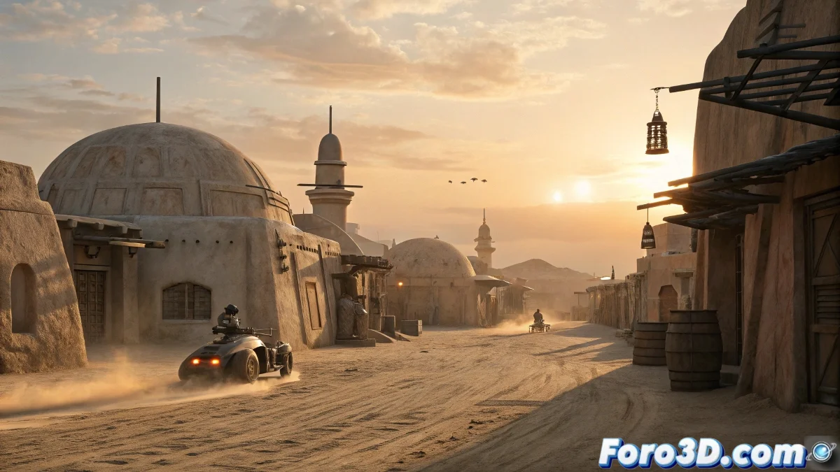 Boba Fett en las calles de Mos Espa con speeders voladores y criaturas alienígenas CGI, mostrando la perfecta integración entre actores reales y entornos digitales.