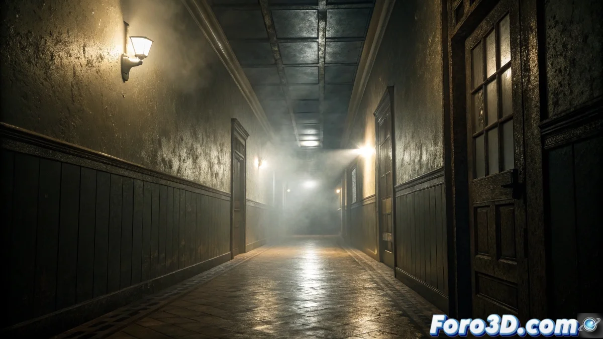 Escena de horror psicológico en The Midnight Walk mostrando un pasillo oscuro con iluminación dinámica, efectos de niebla y texturas de alta resolución que generan tensión visual.