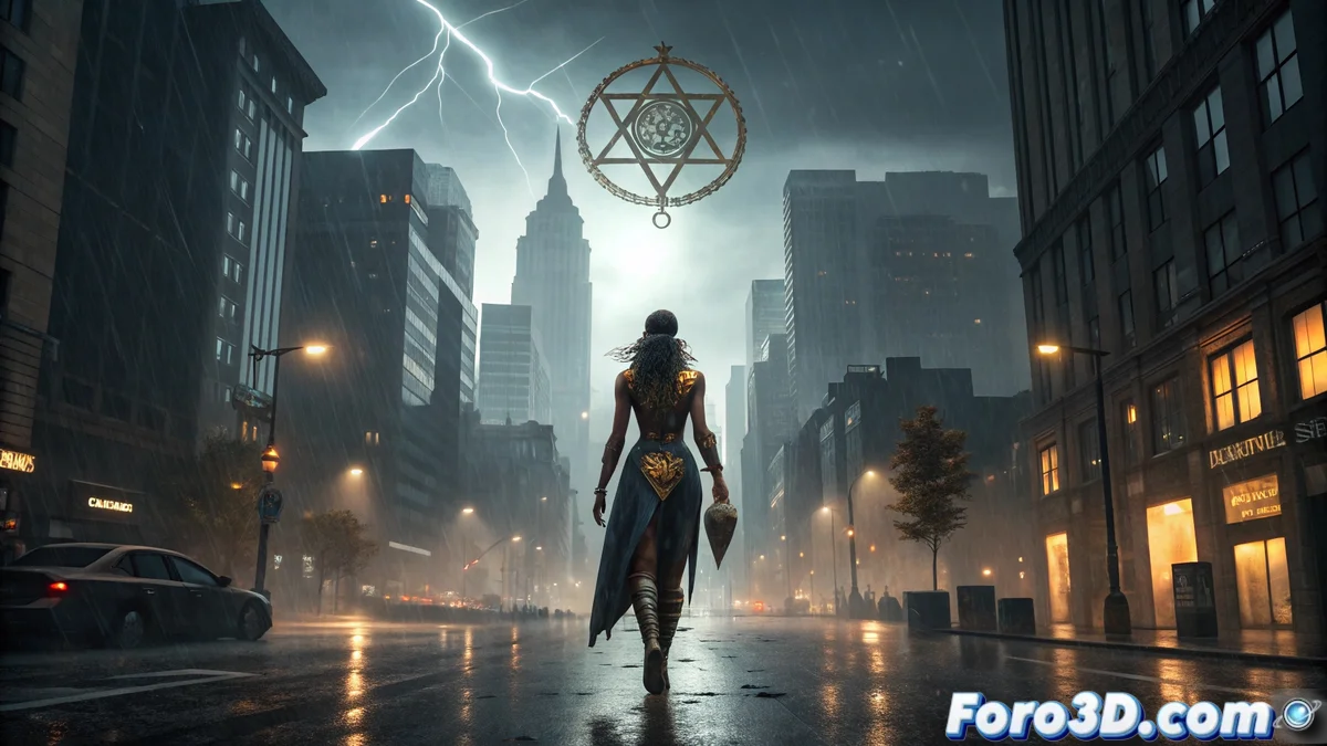 Portada de The Name She Lost: Inanna Book 1 mostrando a la diosa mesopotámica en paisaje urbano moderno con elementos mitológicos fusionados.