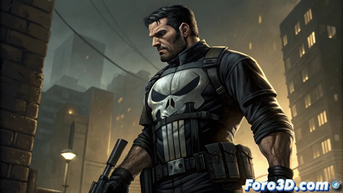 The Punisher con su icónica calavera en el pecho, en pose de combate en entorno urbano nocturno, mostrando armas y equipo táctico característico del personaje.