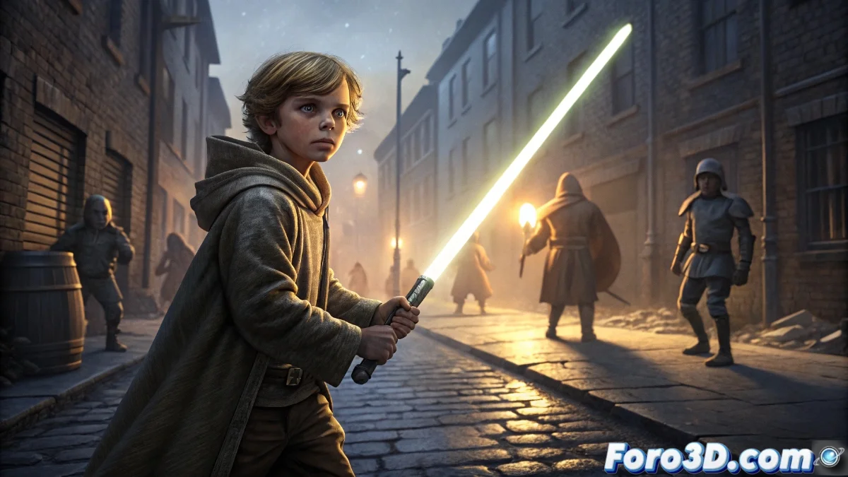 Ilustración dramática de Vlad empuñando su espada consciente frente al burdel destruido en Schoarra, con la silueta de la Casa Vayezid al fondo en tonos oscuros y atmosféricos.