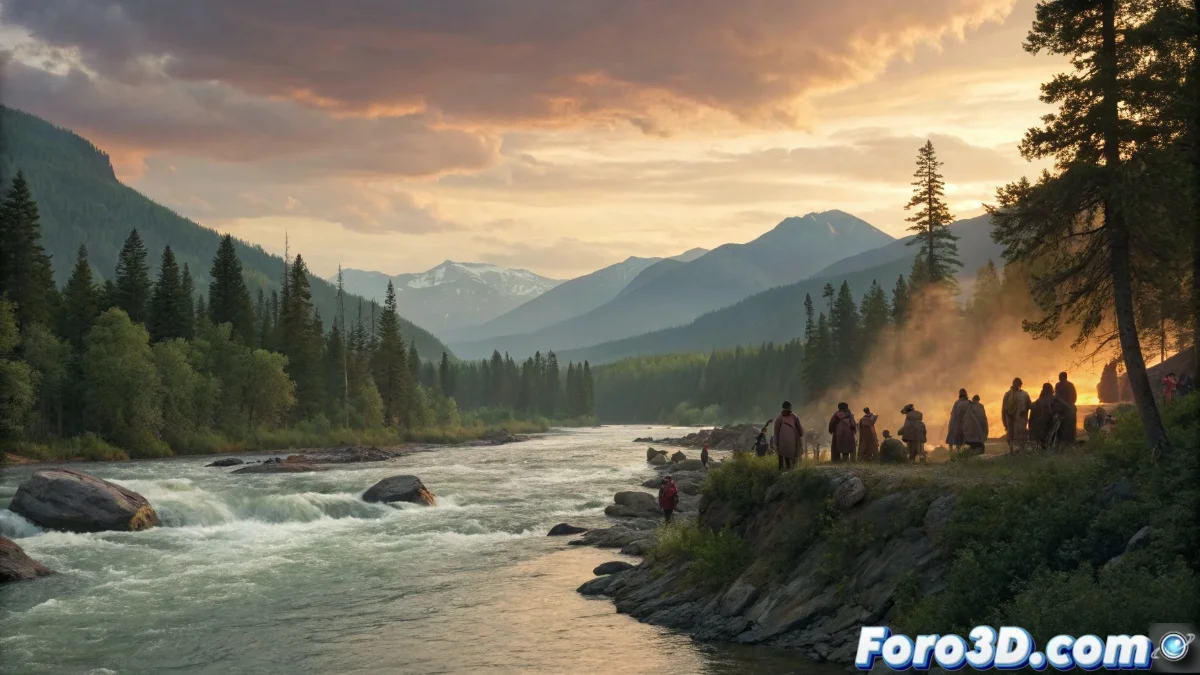 Portada del libro The Water Remembers mostrando un río serpenteante con salmones saltando y miembros de la comunidad Yurok en primer plano sosteniendo herramientas ceremoniales.