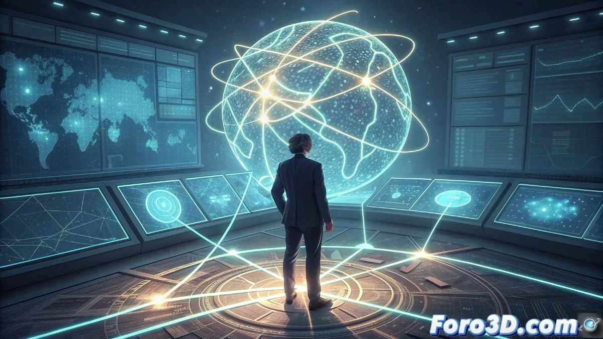 Tim Berners-Lee reflexionando frente a una pantalla que muestra un globo terráqueo digital interconectado con líneas de datos, simbolizando la red global y sus desafíos.