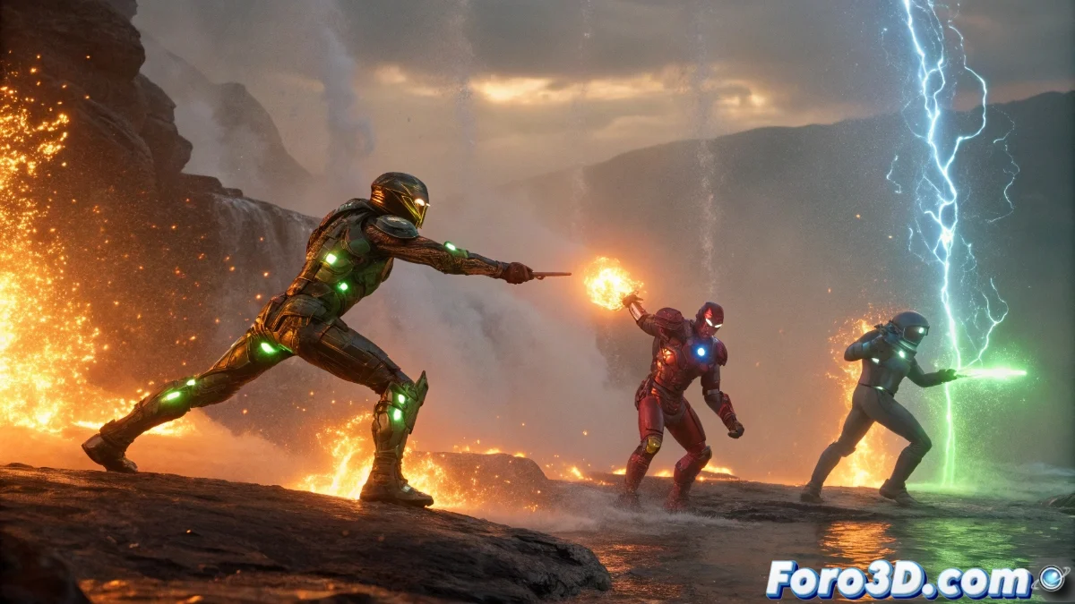 Ilustración dinámica de los héroes Battalor en acción, mostrando sus núcleos cinéticos brillantes y elementos de fantasía en un entorno lleno de conflicto y humor.