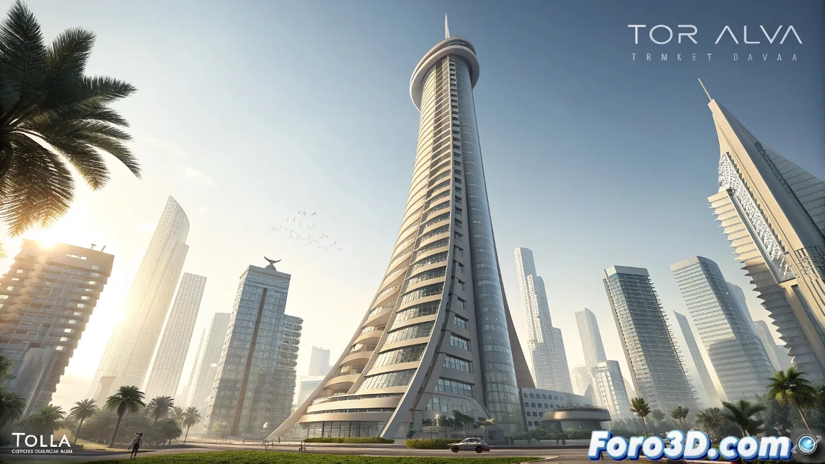 Edificio Tor Alva durante su construcción con impresoras 3D industriales, mostrando las capas de material y la estructura en proceso de fabricación.