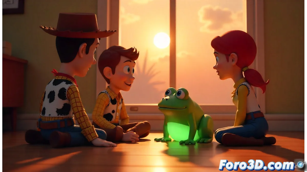 Woody, Buzz Lightyear y Jessie enfrentándose a Lilypad, una rana inteligente con tecnología avanzada, en una escena que muestra el contraste entre juguetes clásicos y modernos con iluminación dinámica y texturas hiperrealistas.
