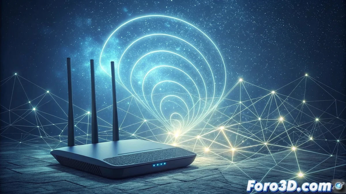 Diagrama técnico de Wi-Fi 8 mostrando ondas de transmisión múltiple con dispositivos TP-Link conectados en entorno de oficina moderna con gráficos de velocidad.