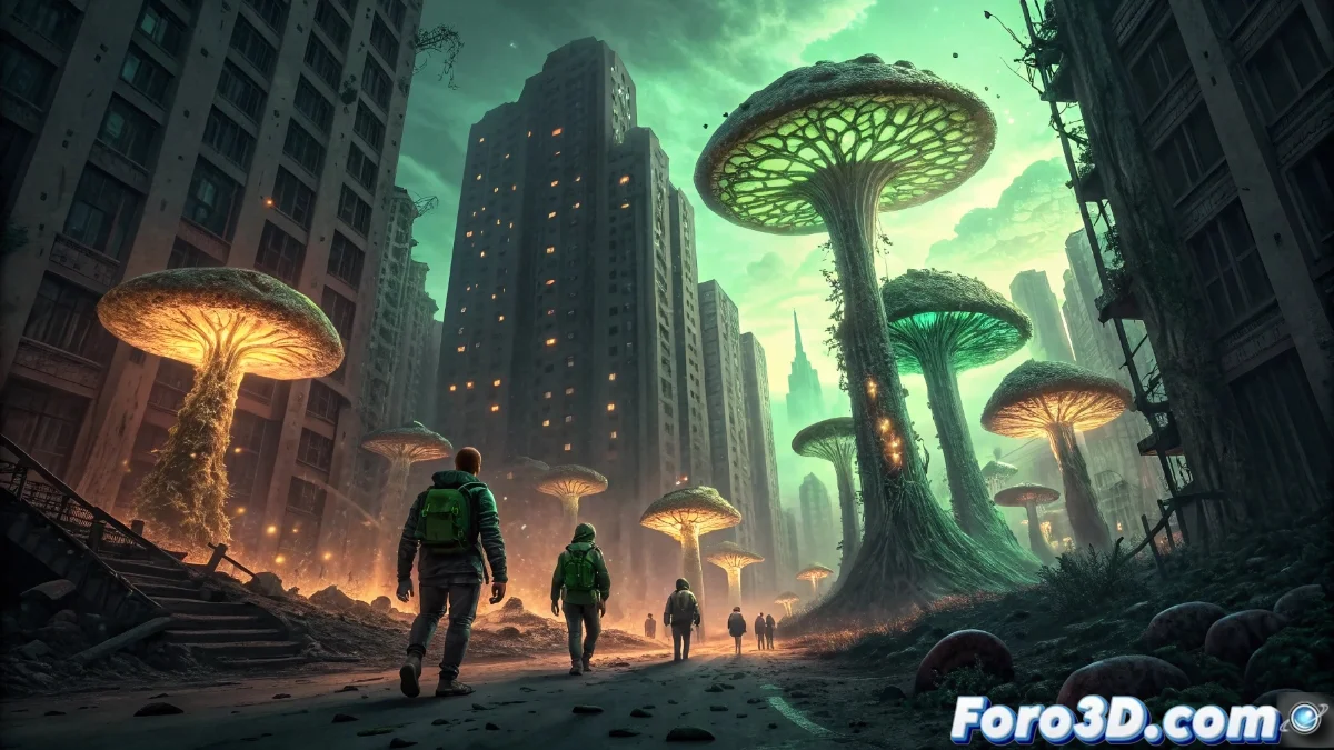 Tres personajes diversos observando horrorizados el avance de estructuras fúngicas mutantes en un laboratorio en ruinas, con iluminación tenue que resalta las texturas orgánicas en expansión.