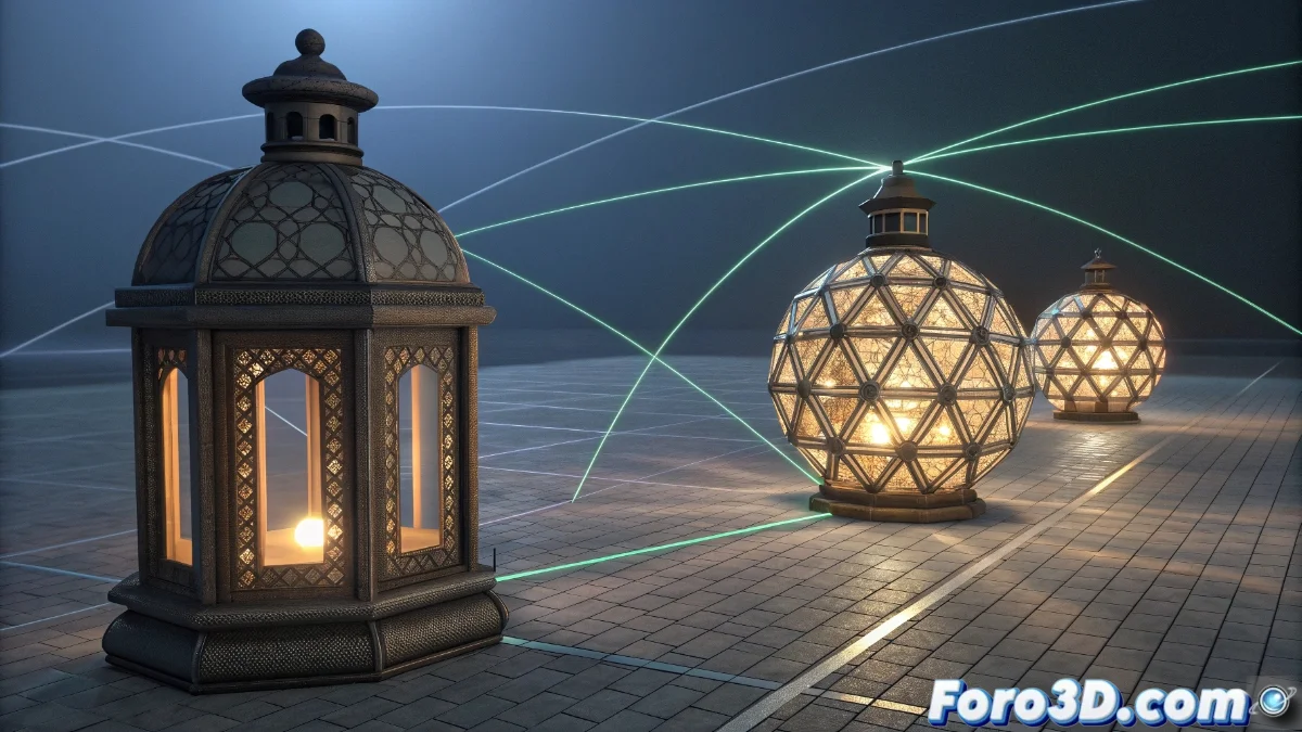 Interfaz de Data Transfer en Blender 5 mostrando panel de opciones con selección de mallas origen y destino, tipos de datos transferibles y ajustes de interpolación en una escena 3D con múltiples objetos.
