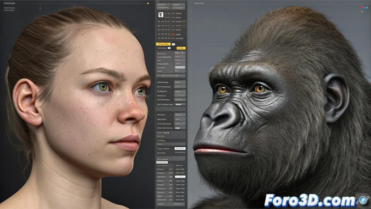 Comparación visual de un rostro humano transformándose en gorila mediante morph targets en LightWave