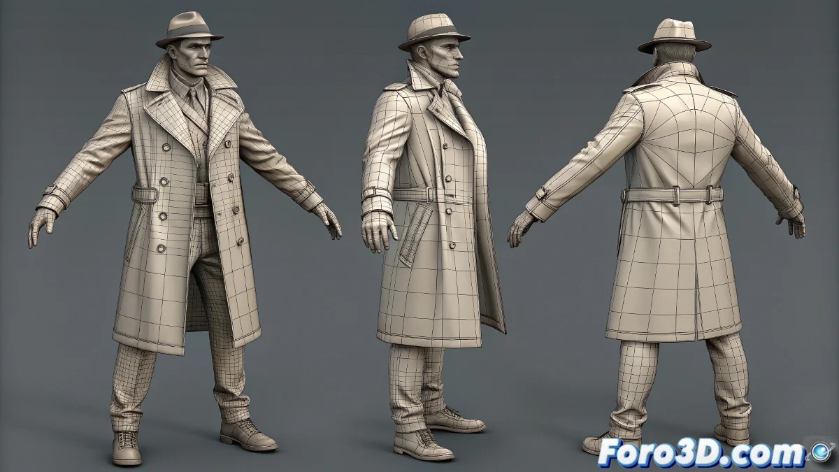 Personaje ZBrush con multiples subtools mostrando el proceso de posado con Transpose Master y mascaras aplicadas en areas criticas.