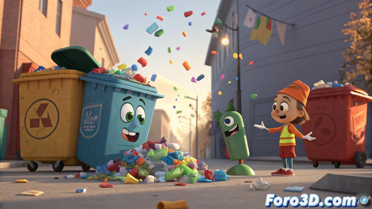 Escena de TRASH mostrando personajes 2D interactuando con elementos 3D de basura reciclada con efectos de particulas y estilo visual colorido