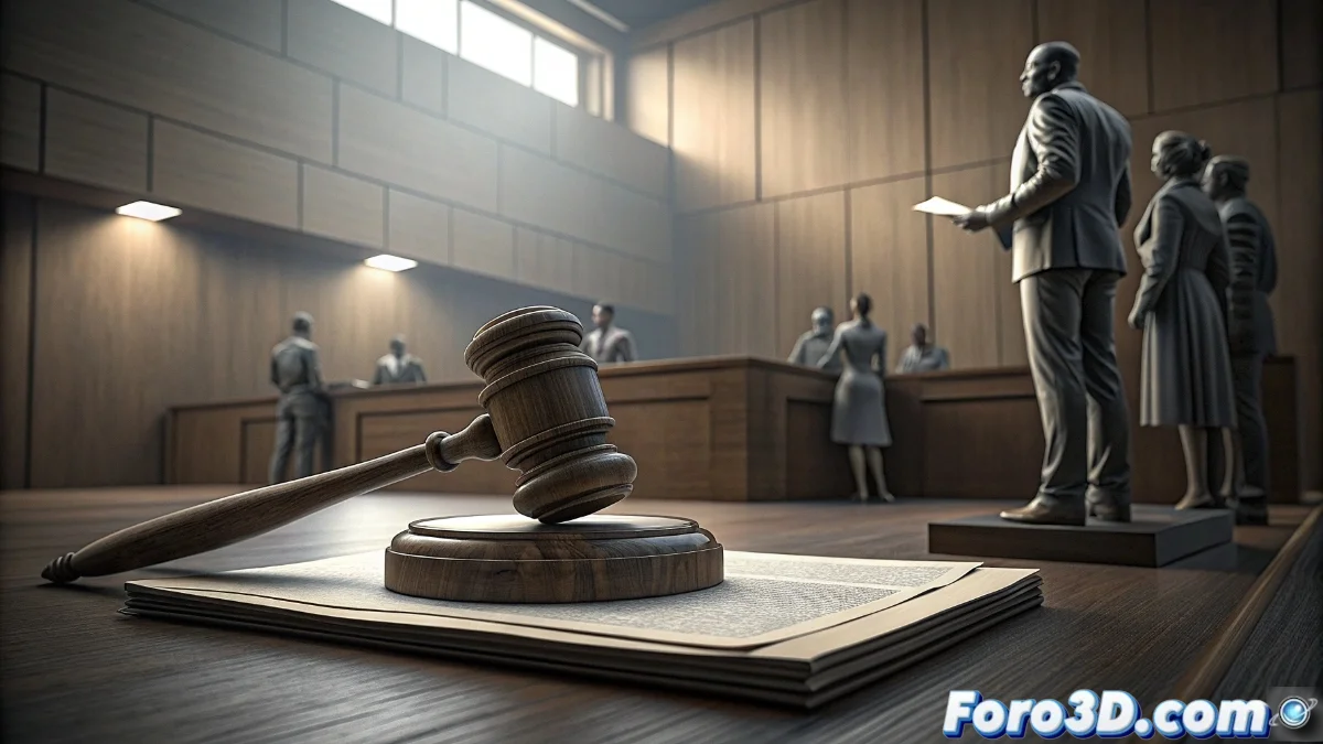 Tribunal británico con jueces fallando sobre licencias de software, con logos de Microsoft y símbolos legales en pantallas digitales