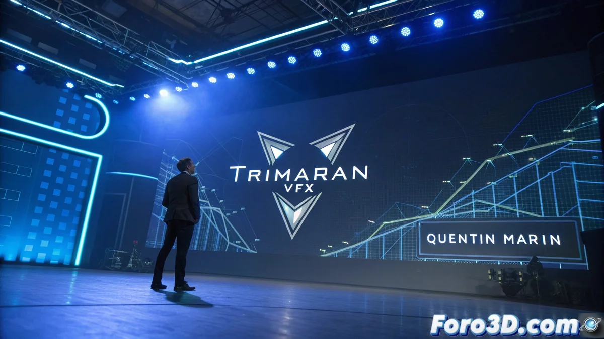 Quentin Martin en estudio de Trimaran VFX supervisando secuencia de efectos visuales con equipo de artistas digitales.