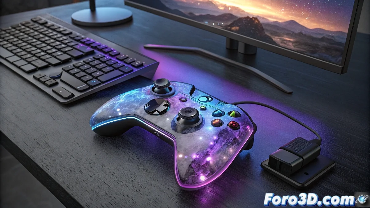 Mando Turtle Beach Afterglow mostrando iluminación RGB en ocho zonas, botones traseros programables y conexión cableada sobre fondo oscuro con efectos de luz