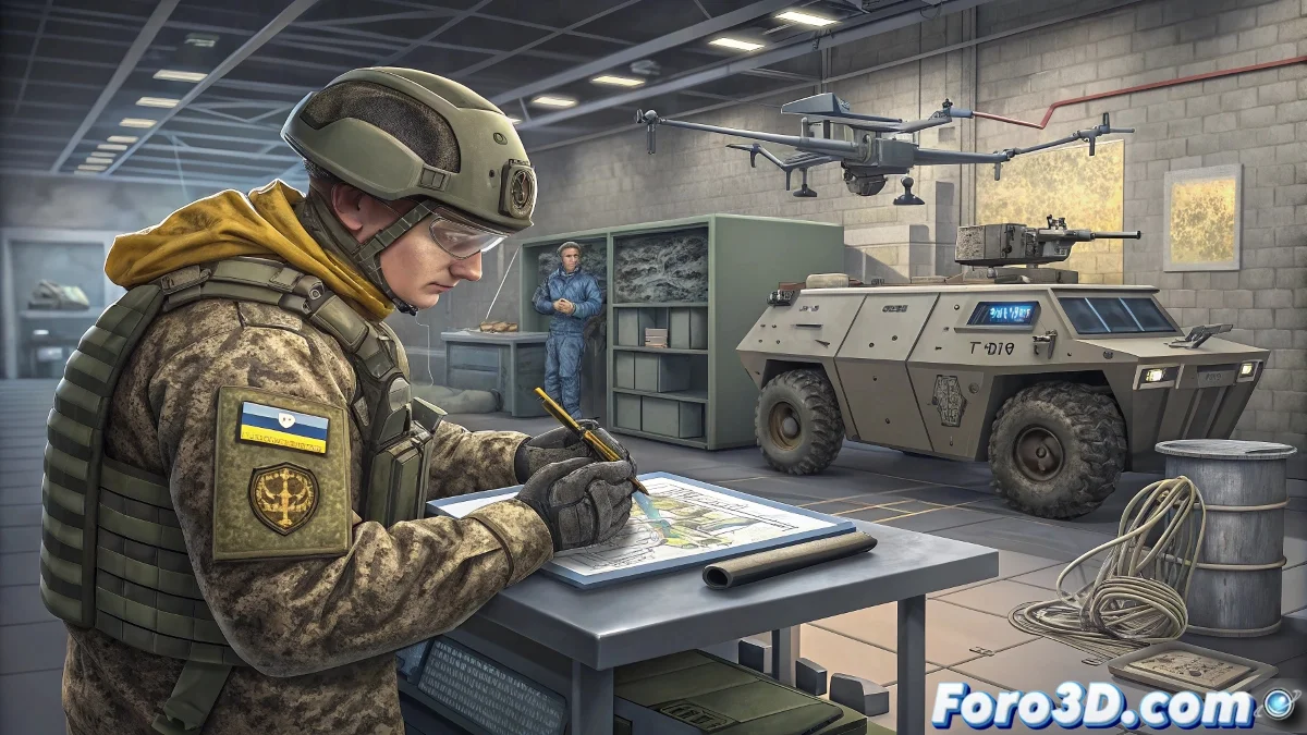 Soldado ucraniano utilizando impresora 3D en campo militar para fabricar repuestos de equipo con plataforma digital de suministros en segundo plano